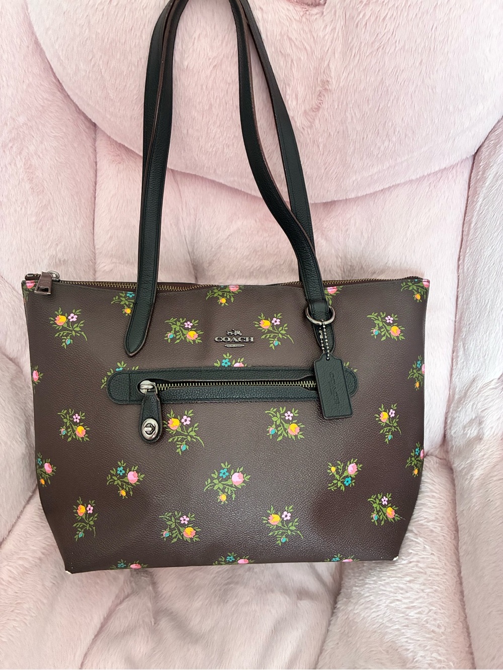 Coach Brown Floral Tote with Black Straps